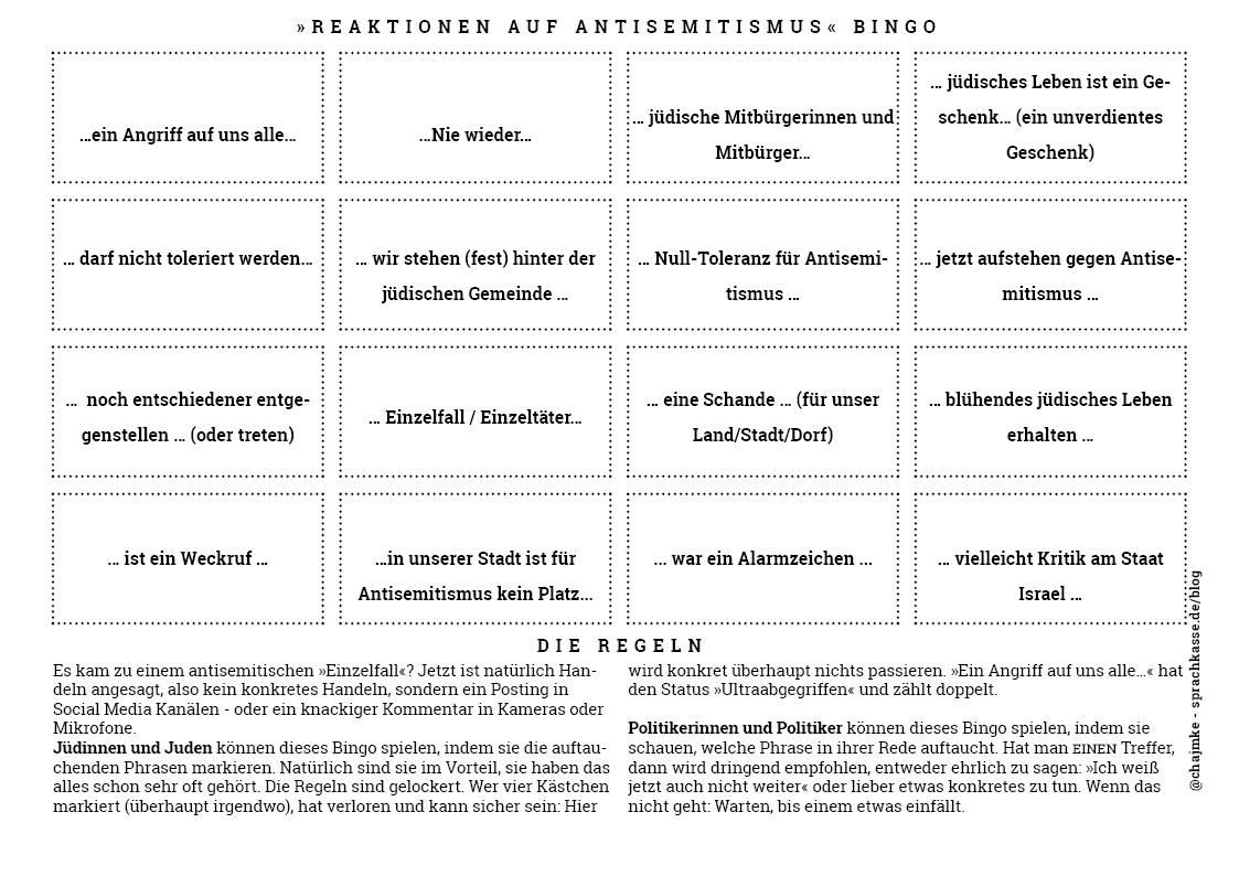 chajmke's tweet photo. Noch als Service, denn es wird ja wieder Zeit: Das, leider zu oft gespielte, »Reaktionen auf Antisemitismus-Bingo«… https://t.co/B7qyWMMrsc
