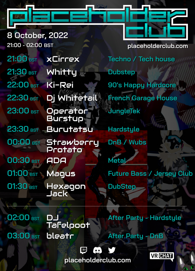 It's time for another DJ set in #VR. I'll do a #Jungletek set at <a href="/PlaceholderClub/">Placeholder Club</a> on Oct 8, using my head-mounted camera again. And looks at these other fine talents on the flyer. What an amazing line-up. Prepare your dancing paws! #dj #producer #techno #edm #drumnbass #furry
