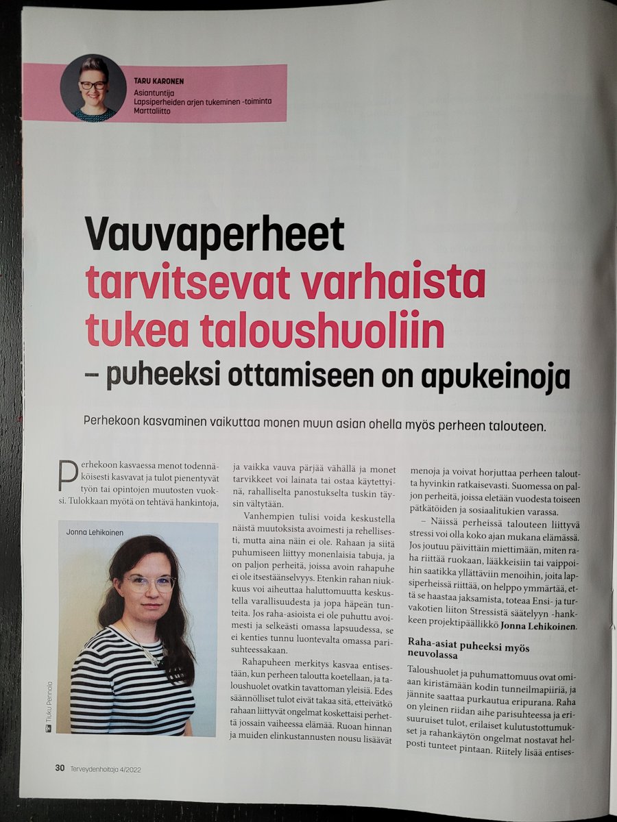 lapsiperhearki's tweet photo. Antoisia #Terveydenhoitajapäivät osallistujille! @STHL_ry  @tamperetalo Terveydenhoitaja-lehdessä #lapsiperhearki-asiantuntijamme artikkeli #vauvaperhe'en taloudesta. Jutussa mukana @jonna_le @Ensi_turvakodit @MinnaMarkkanen @takuusaatio 

@Marttaliitto #martat #neuvola100 https://t.co/Sx2gQXFGFg