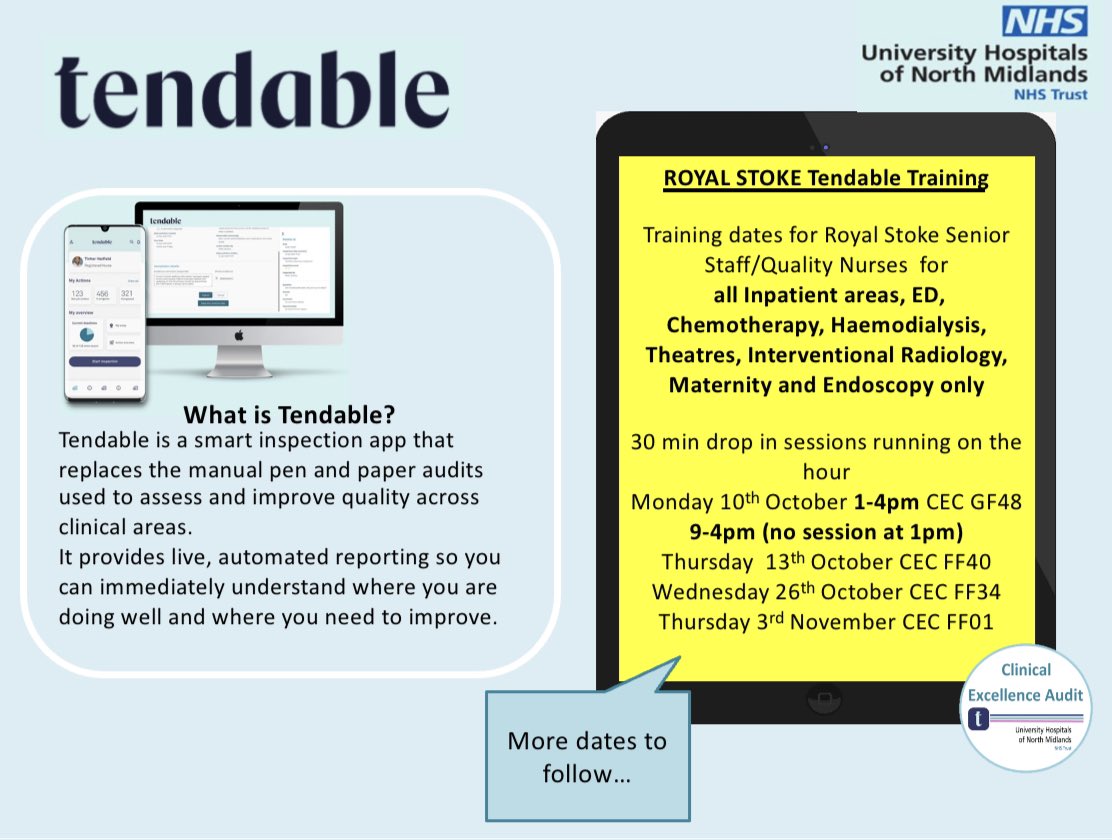 Emma Luxford (@emluxford40) on Twitter photo 📢 Royal Stoke Tendable Training Dates. Open to all Senior nursing staff & Quality Nurses initially.Phase one Implementation includes;all inpatient areas, ED, chemotherapy,
haemodialysis, theatres, interventional radiology, maternity & endoscopy <a href="/teamqualityuhnm/">UHNM Quality and Safety Team</a> <a href="/AnnMarieRiley10/">Ann-Marie Riley 💙 RN</a> 📢 Royal Stoke Tendable Training Dates. Open to all Senior nursing staff & Quality Nurses initially.Phase one Implementation includes;all inpatient areas, ED, chemotherapy,
haemodialysis, theatres, interventional radiology, maternity & endoscopy <a href="/teamqualityuhnm/">UHNM Quality and Safety Team</a> <a href="/AnnMarieRiley10/">Ann-Marie Riley 💙 RN</a>