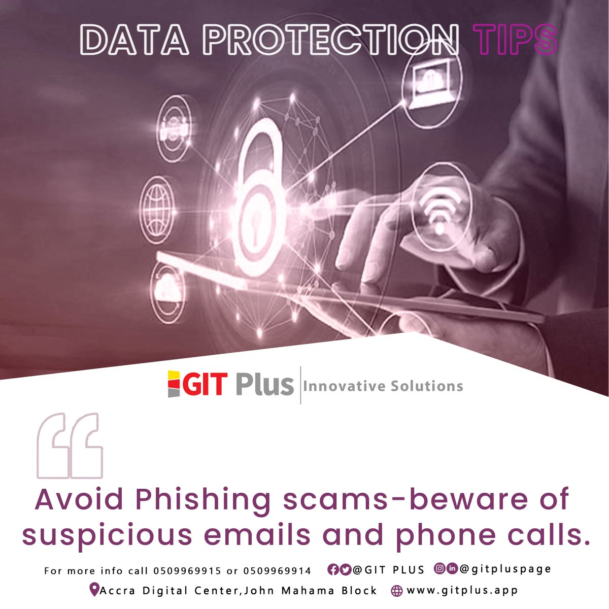gitpluspage's tweet image. Data Protection Tips: 3
Avoid phishing scams-beware of suspicious emails and phone calls.
Visit us on gitplus.app 
#gitplus
#gitplusacademy
#Data
#protection
#dataprotection