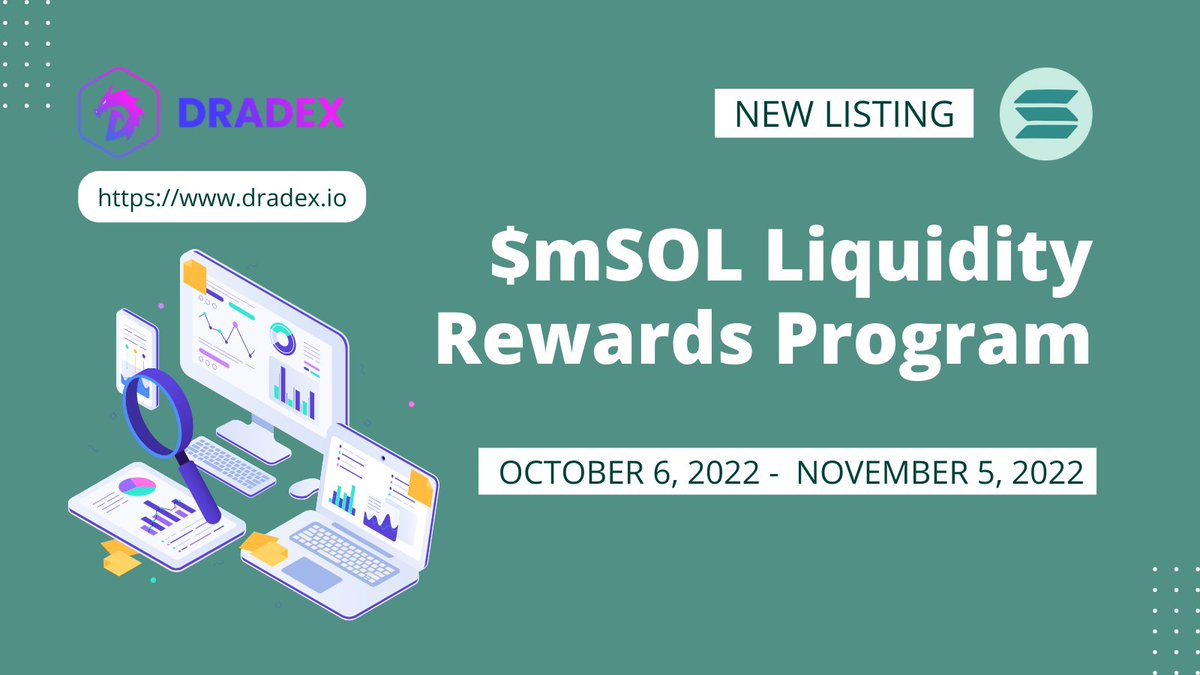 Dradex_io's tweet photo. 📢📢Our rewards are now active on #Dradex for $mSOL/ $USDC and $mSOL/ $SOL pools. 

👉You can add liquidity and remember to stake your LP tokens in our farm to be eligible for rewards here 
https://t.co/isKEtLPkuX 

🚀🚀Learn more: https://t.co/j0Ynsl3cM9 https://t.co/JKaYJeDosL