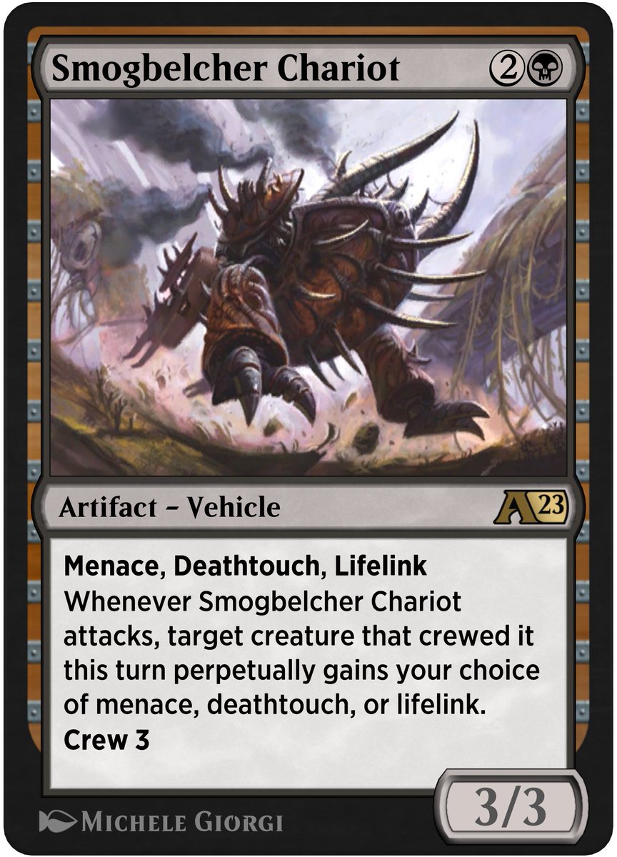 Another Magic card has been revealed! 😁
I painted this badass Chariot for Dominaria United, and I had a blast working on this card!

'Smogbelcher Chariot' copyright Wizards of the Coast 
AD: Victor Ochoa :) 

#dominariaunited #MTGDominaria #MtGDU #MTG #michelegiorgiart