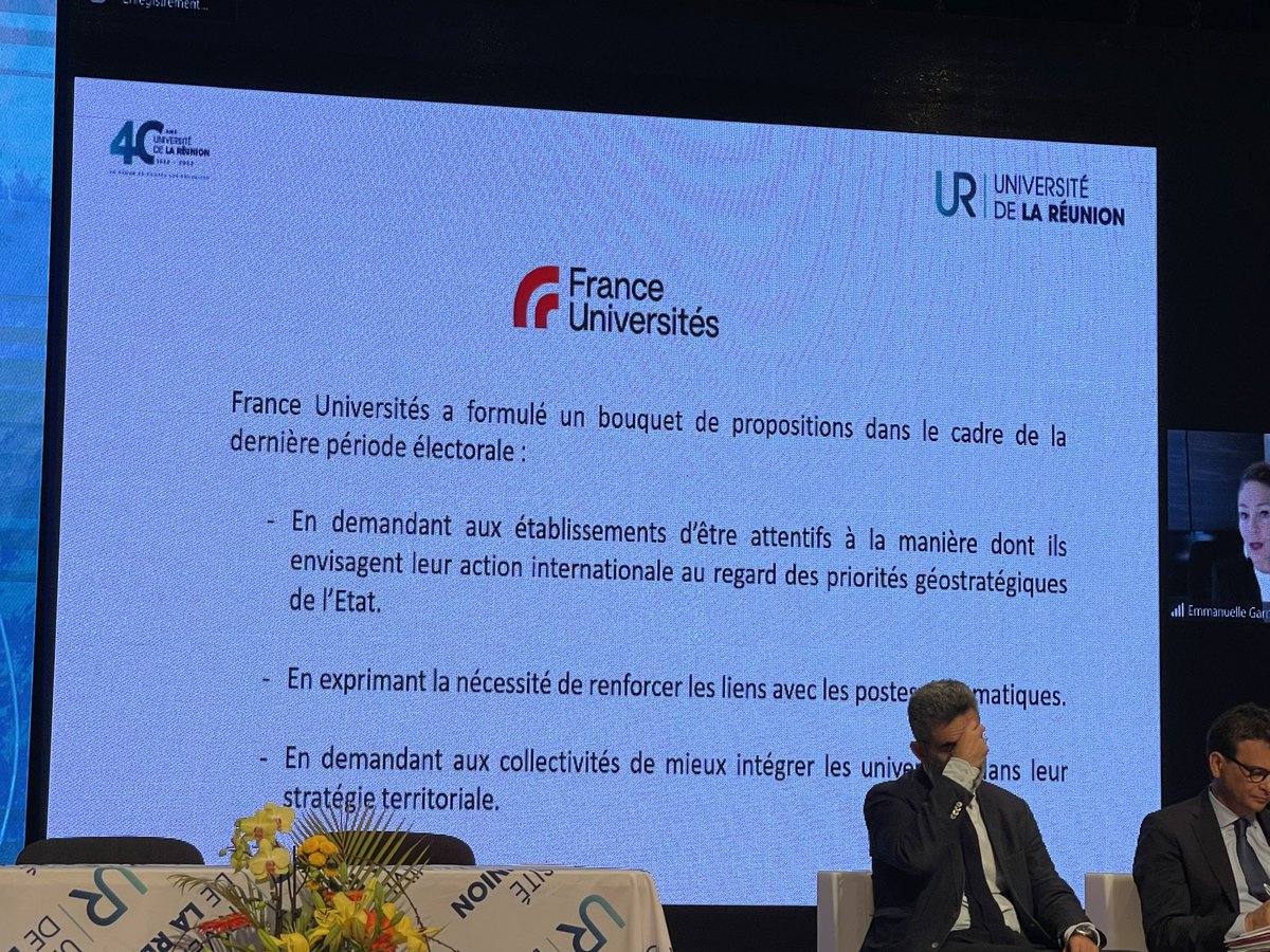 GuillaumeGelle's tweet photo. Présentation des propositions d’@FranceUniv par Emmanuelle Garnier, présidente de la #Corie @FranceUniv lors de la table ronde « l’ Internationalisation dans l’ESR » du colloque « Universités et transitions » pour les 40ans d’@Univ_Reunion.
#UR40 https://t.co/p4Fk1Nk965