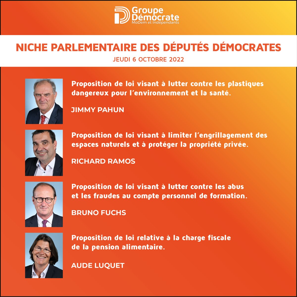 Top départ pour l'examen de la niche parlementaire des @DeputesDem : 🔸 Lutte contre les plastiques dangereux @JimmyPahun 🔹 Lutte contre l'engrillagement @_richardramos 🔸 Lutte contre la fraude au CPF @bruno_fuchs 🔹 Charge fiscale des pensions alimentaires @AudeLuquet77