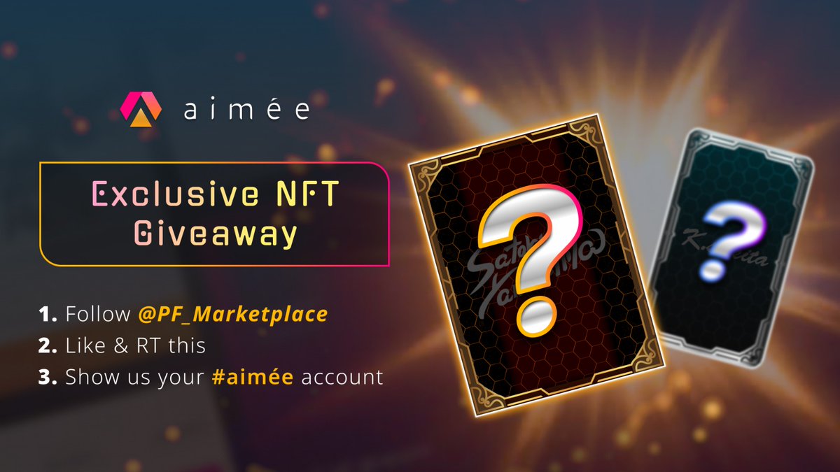 PF_Marketplace's tweet photo. 🎉 EXCLUSIVE #NFT GIVEAWAY🎉

Time to bring in the art-sy greatness!🙌 Ahead of the game designer series launch, we are giving away 2 NFTs 🎁 

👣 3 STEPS TO WIN ✨
1⃣Follow @PF_Marketplace
2⃣Like &amp; RT this
3⃣Show us your #aimée account

⏰ 48 hrs ⏰ https://t.co/5EtDLvZfkm