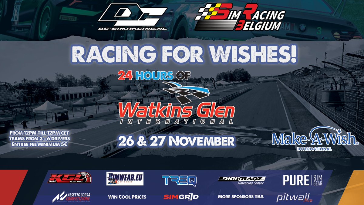 Support a good cause while doing what you love on November 26th 💪 DC-SimRacing hosts a 24 hour charity race at Watkins Glen to support the @MakeAWishIntl foundation, which grants wishes for critically ill children ⭐ Donate and register today! ➡️ thesimgrid.com/championships/…