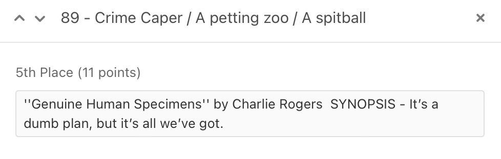 UnmutualCharlie's tweet image. My dystopian crime caper (and stealth political satire) got 5th place in #FlashFictionChallenge2022 and earned me enough points to advance to the next round this weekend.