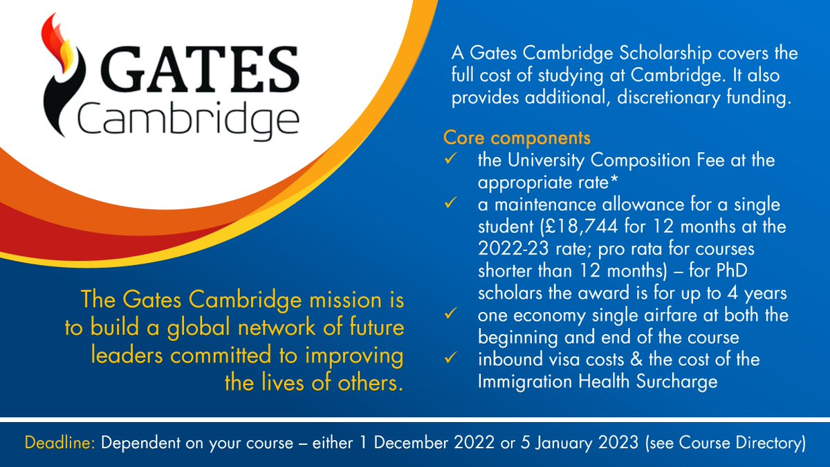 Each year <a href="/Gates_Cambridge/">Gates Cambridge</a> offers c.80 full-cost scholarships to outstanding applicants from countries outside the UK to pursue a postgraduate degree in any subject available <a href="/Cambridge_Uni/">Cambridge University</a>. More info: bit.ly/GatesCambridge…