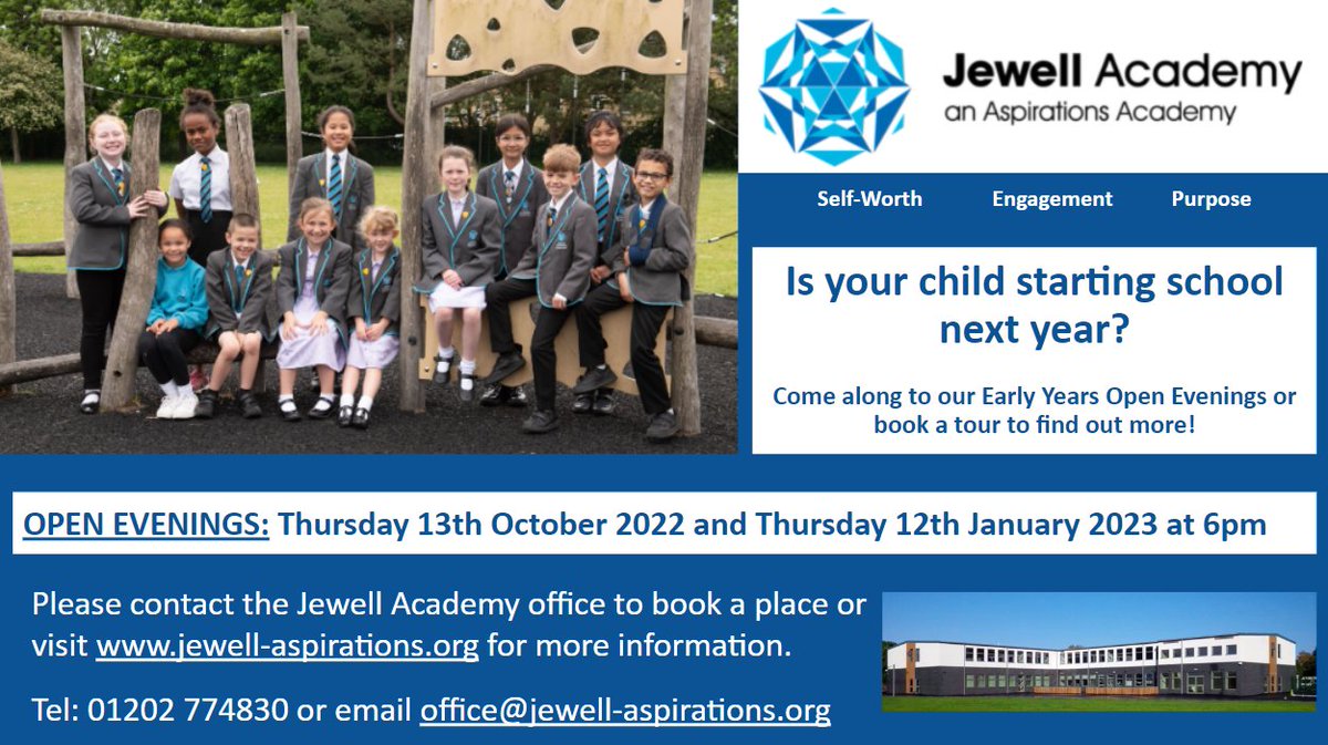 JewellAAT's tweet photo. EYFS (Reception) Open Evenings
Do you have or know of families who have a child starting in Reception in September 2023?
If yes, then we would love to welcome them to our Reception Open Evenings on Thursday 13th October 2022 at 6pm or Thursday 12th January 2023 at 6pm. https://t.co/wpq7gx0bX9