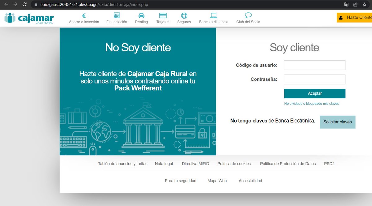 hxxps[:][/][/]epic-gauss[.]20-0-1-21[.]plesk[.]page/selta/directo/caja/index[.]php
#phishing #plesk

<a href="/Plesk/">Plesk</a> 
<a href="/PleskHelps/">Plesk Support</a> 
 
<a href="/ICANN/">ICANN</a>
<a href="/phishingalert/">Phishing Alert</a>
<a href="/DanielGallagher/">𝙶𝚊𝚕𝚕𝚊𝚐𝚑𝚎𝚛 🌻</a>
<a href="/YourAnonRiots/">Anonymous🐾🐈‍⬛</a>
<a href="/JAMESWT_MHT/">JAMESWT_MHT</a>
<a href="/JCyberSec_/">Jake | JCyberSec_</a>
@BankSecurity
<a href="/malwrhunterteam/">MalwareHunterTeam</a>