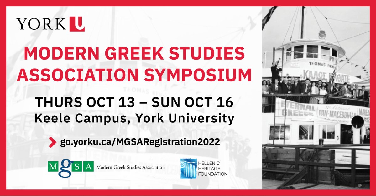 📅 From October 13 - 16, join the Modern Greek Studies Association (<a href="/MgsaOrg/">MGSAorg</a>) for its annual symposium! Held at @yorkuniversity, the conference will open the floor to discussions about Toronto’s vibrant Greek Canadian community and its history.

Register: bit.ly/3CfeBkH