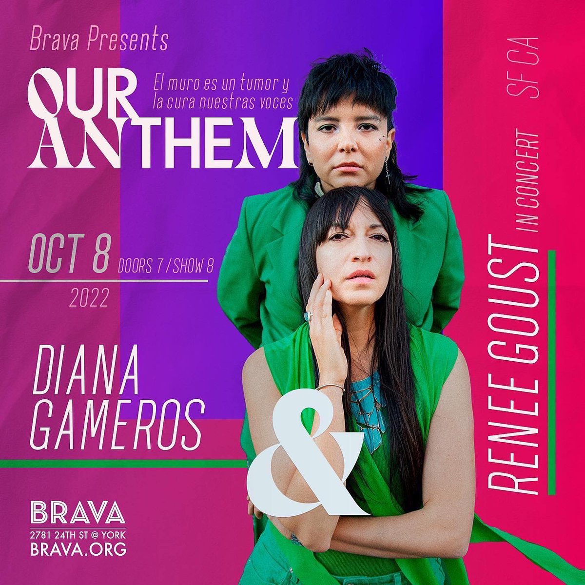 ¿Ya tienen sus boletos? Esto va a estar muuuuy chulo! 

Daremos concierto <a href="/reneegoust/">Renee Goust “La Centaura del Norte” 🐎🤠🎶</a> y yo, en el bello <a href="/bravatheater/">Brava Theater</a> en San Francisco. Les estamos preparando algo muy lindo. 🌵No se lo pierdan. 

💕 Sábado, 8 de Octubre 
7pm doors ll 8pm show. 

🎟 brava.org/all-events/our…
