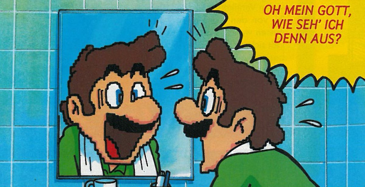 Mario looking in the mirror. C/- Club Nintendo DE (February 1993)