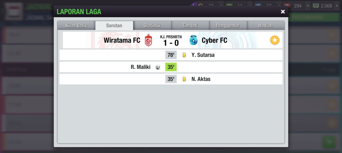 Late Post
[MATCH RESULT]
Match day 20
@WiratamaFC 1-0 <a href="/CyberFC14/">Cyber FC</a> 

#TopEleven
