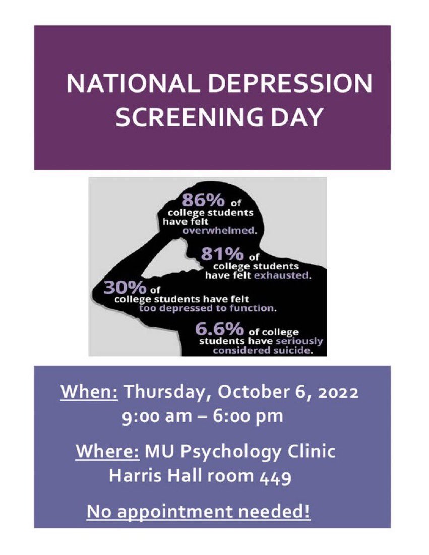 Marshallpsych's tweet photo. TODAY!! The MU Psychology Clinic (Harris Hall 449) is offering FREE &amp; PRIVATE screenings for depression from 9AM-6PM. No appointment is necessary, and all are welcome! 😊 @mu_psichi @MarshalluPres @marshallu @COLA_MarshallU @SSSMarshallU @MUSOMWV @marshallucohp @MUWG_Center https://t.co/xnKVU5WHUi