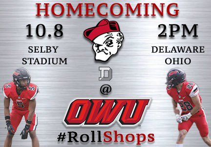 OWUBishopFB's tweet image. Homecoming is this Saturday! Can’t wait to welcome a bunch of great alumni, as well the greater OWU community. Hope to see you there!
#RollShops