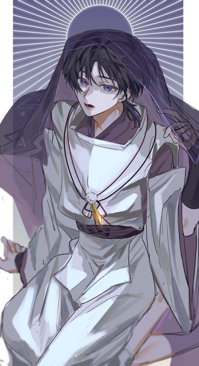 scaramouche (genshin impact) male focus 1boy purple eyes veil short hair bangs necklace  illustration images