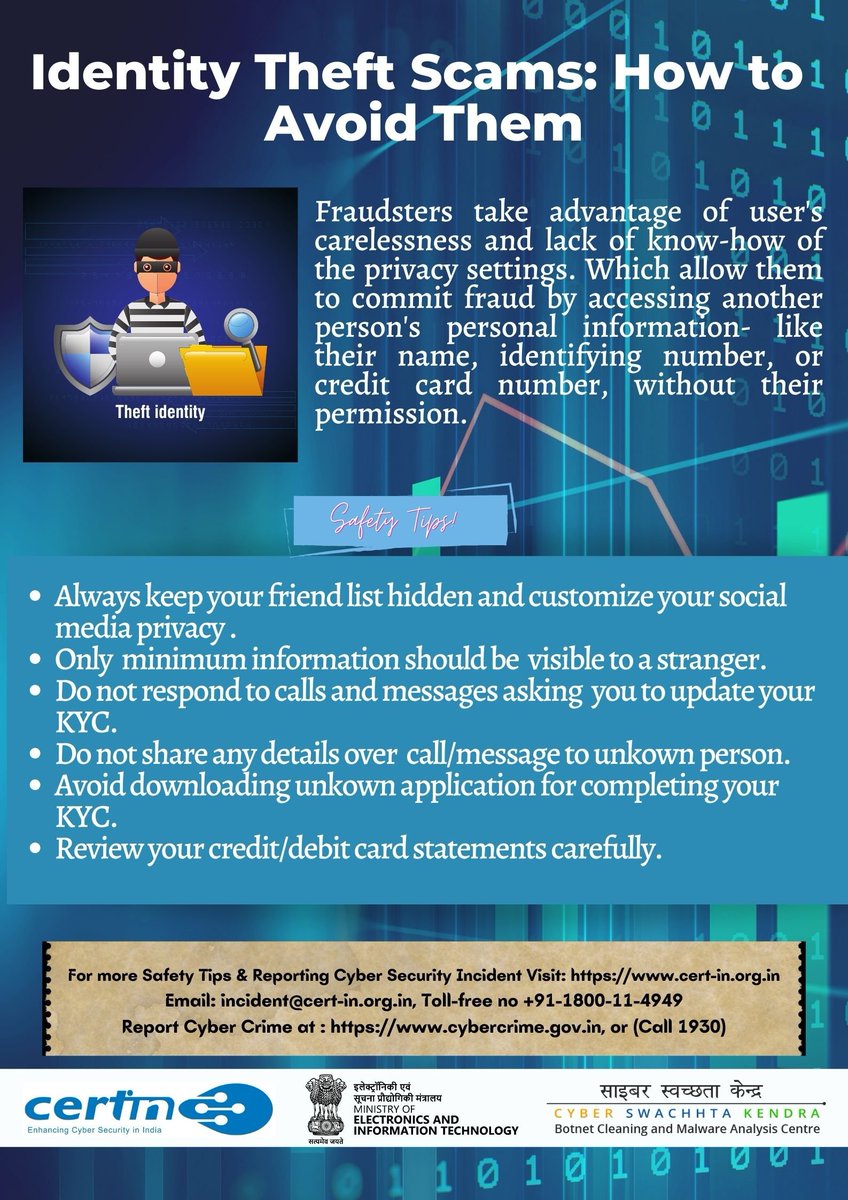 CERT-In is observing 'Cyber Jagrookta Diwas (CJD)' on 6th October 2022 to create awareness and sensitize Internet users on safeguarding against cyber frauds and cyber crimes.
<a href="/Goi_MeitY/">Ministry of Electronics & IT</a>
<a href="/_DigitalIndia/">Digital India</a>
#CyberSecurityAwareness #CyberJagrooktaDiwas #CJD #IndianCERT #CSK