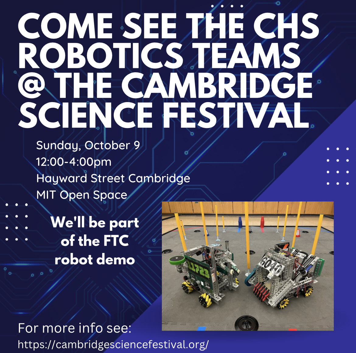 CantonRobodogs's tweet image. Super excited to help represent the Mass FTC community at the Cambridge Science Festival this Sunday, October 9. Be sure to make your way to MIT to come see us and all of the other fun and interesting presenters.