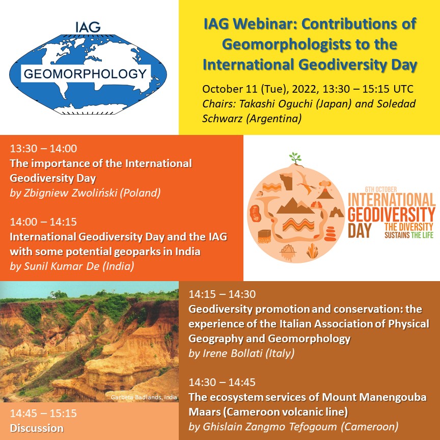 To celebrate the International Geodiversity Day, we organise a webinar concerning the Contributions of Geomorphologists to that event! Four speakers will highlight the importance of that event. Find how to register and additional information here: geomorph.org/2022/10/contri….