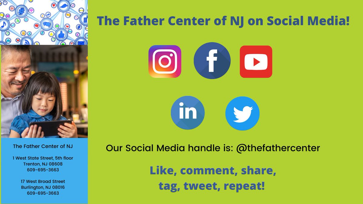The Father Center of New Jersey is growing on Social Media! Follow us on all our channels to stay up to date on what is happening at the agency, including our Statewide Fatherhood Conference. 

Find us on all our channels by using our handle <a href="/thefathercenter/">The Father Center of New Jersey</a>!

#thefathercenter