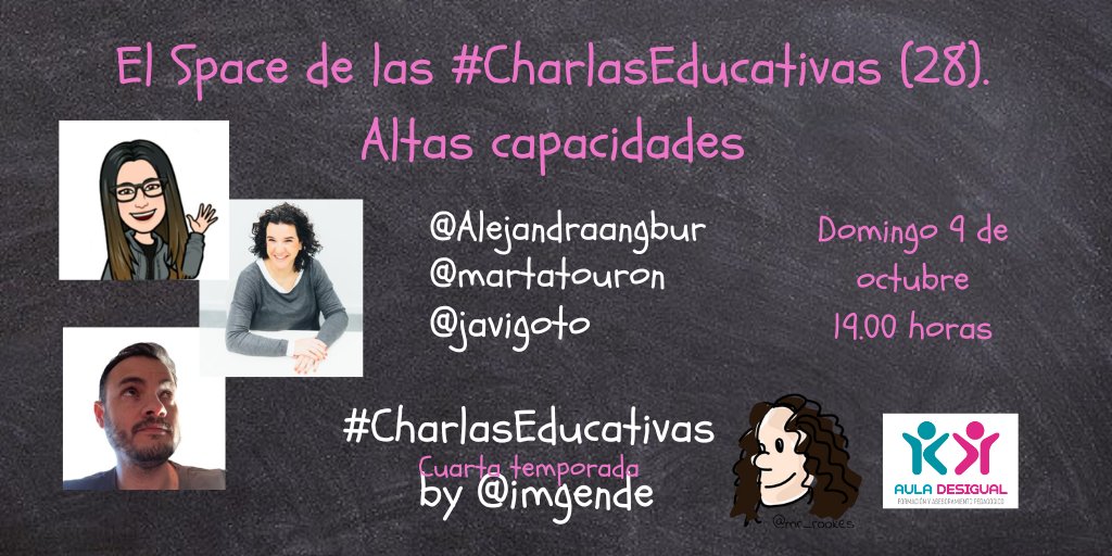 🟣 Este domingo las #AACC vuelven a las #CharlasEducativas. 😎
Contaremos con <a href="/martatouron/">Marta Tourón</a>, <a href="/Alejandraangbur/">Alejandra</a> y <a href="/javigoto/">Javier Gómez Torres</a>. 🔝
Recordad. Aquí. En Twitter. 19.00 horas. En mi perfil tendréis el enlace. Podréis comentar y preguntar en directo con el # de las charlas.
¡Os esperamos!