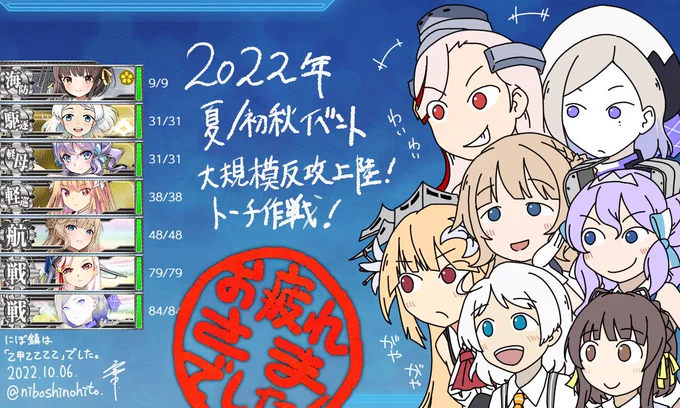 という訳でございまして宴もたけなわ、攻略も掘りも無事完了しましたので弊鎮の夏/初秋イベントはおしまいです!新規艦娘が7人なので期間限定イベントらしく遊撃部隊でスクショです。何卒。お疲れさまでした!! #艦これ 
