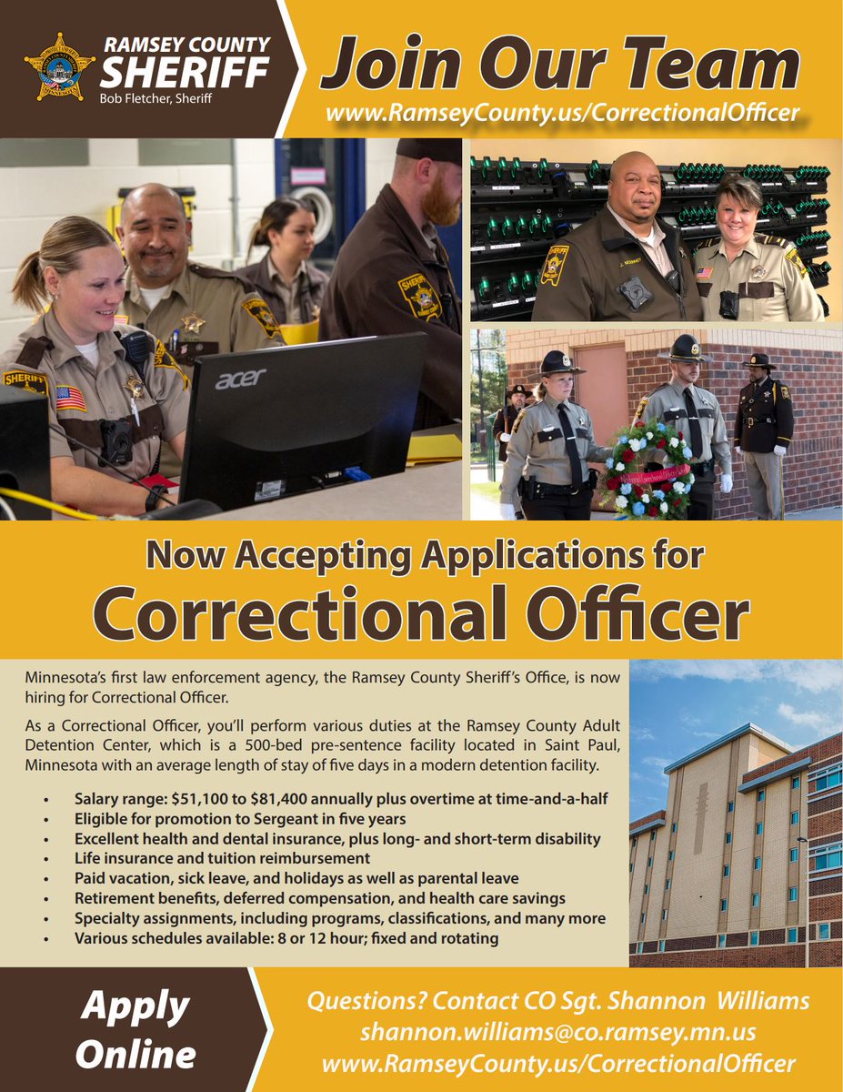 Looking for a good career? Good pay. Health insurance. Paid vacation. Retirement benefits. Meaningful work. You can get all this (and more) when you join our team as a correctional officer. Check it out. We're hiring now.