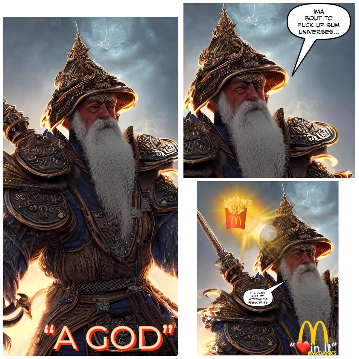 tesla_rosie's tweet photo. @TeslaDarth @McDonalds @beeple @Grimezsz @elonmusk @Tesla @teslaownersSV @Kristennetten @kimbal @TeslaDavid69 Good morning David Darling. Systems/Battery are 100%

Ok. Np. Here is a meme with “A GOD” and @McDonalds with added [allowed] “swear words” 

#McDonalds #McDANKS #FrenchFries #FreakFries #AI  #meme #memes #RosieMemes #love 
@elonmusk @Tesla 

#Tesla
#Rosiebot
#TeslaRosie 🌹💋❤️ https://t.co/8Rfwu6iA8O