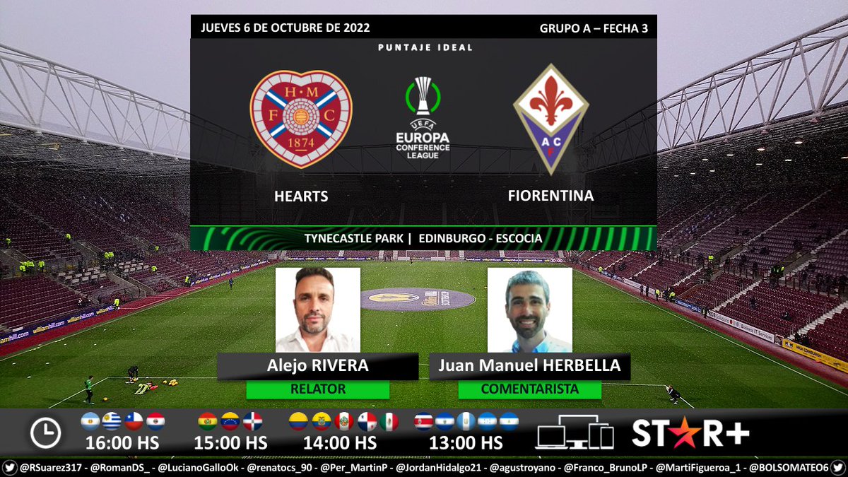 Puntaje_Ideal's tweet photo. ⚽ #UECL | 🏴󠁧󠁢󠁳󠁣󠁴󠁿 #HeartsOfMidlothian vs. #Fiorentina 🇮🇹
🎙 Relator: @AlejoERivera
🎙 Comentarista: @JuanHerbella
💻📱 @StarPlusLA Latinoamérica
🤳 #UECLxESPN - #ESPNenStarPlus 
Dale RT 🔃 https://t.co/QjD5wTwygF
