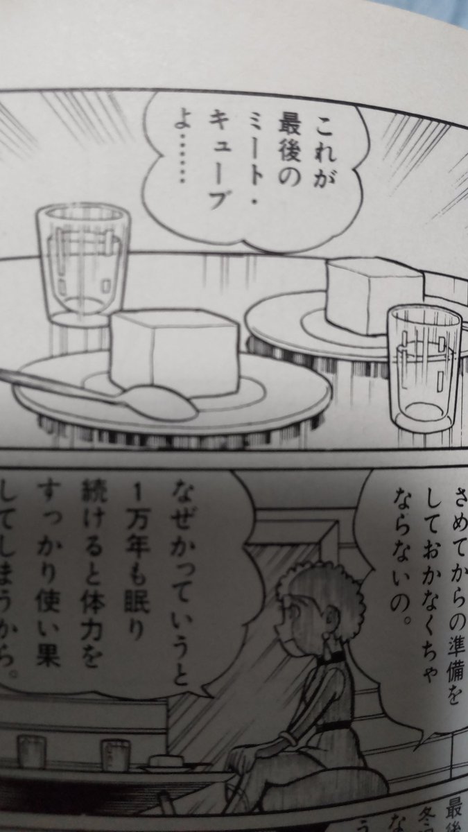 「流血鬼」だとヒロインが持ってきた食糧がすごく美味しそうでした。
「恋人製造法」では単なるカップヌードルが本当に宇宙一美味しい食べ物にうつりましたし、F先生の食べ物描写は本当に素晴らしいです!

「カンビュセスの籤」のミートキューブも美味し…そう? 