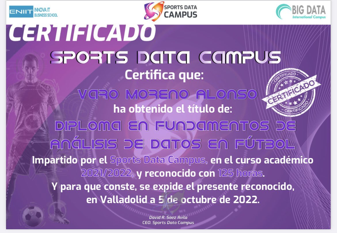 varo_moreno_'s tweet photo. Feliz por recibir los diplomas:

- Fundamentos de Análisis de Datos en Fútbol 

- Analítica Avanzada de Datos Deportivos con Python 

#analisisdatos #masterbigdata @SportsDataCamp https://t.co/Q30AQdSvBH