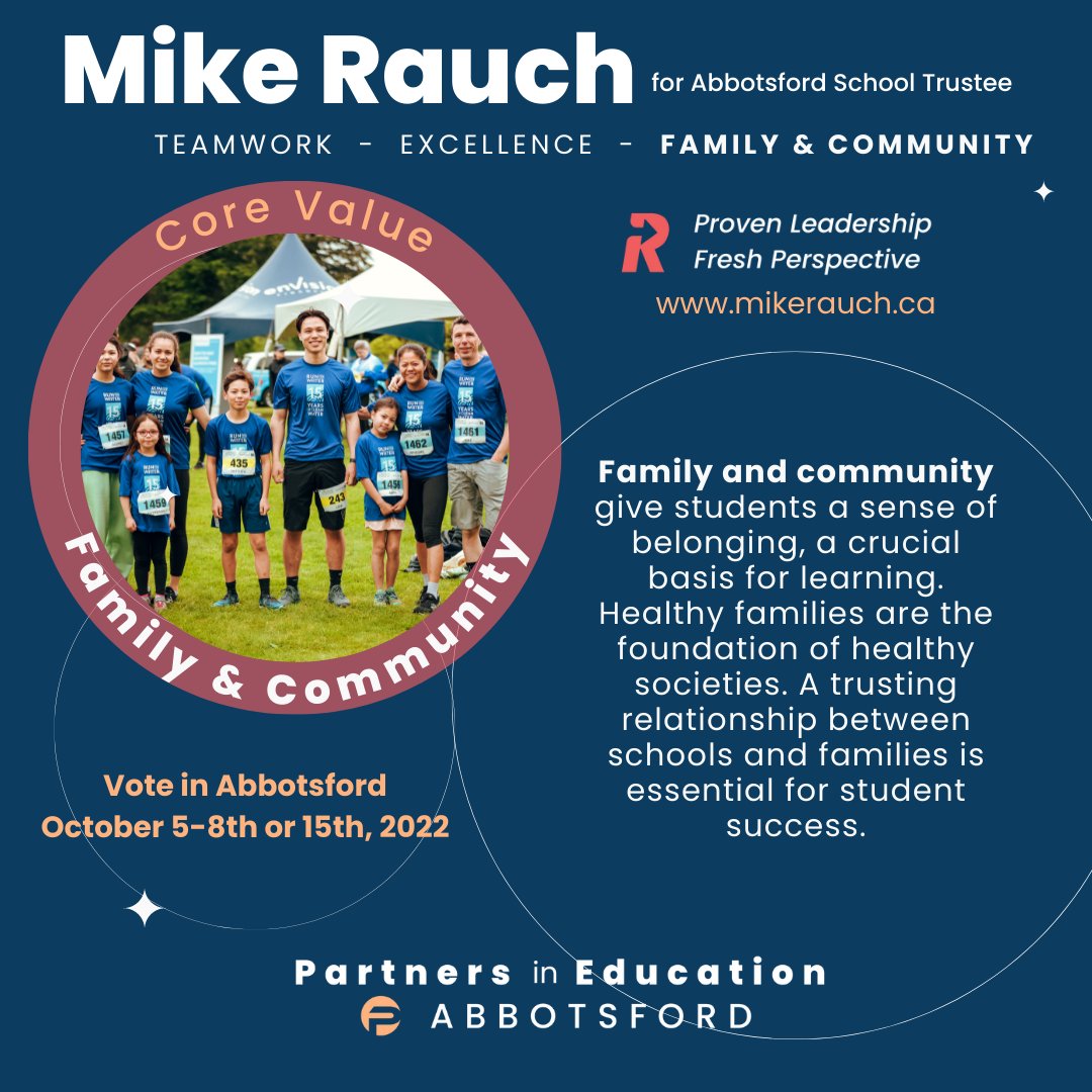 A Core Value - FAMILY & COMMUNITY
Healthy families are the foundation of healthy societies. 
Read more about my Values and Priorities at mikerauch.ca
Voting continues in #Abbotsford Oct 6-8 7 AM to 10 PM or Oct 15th
#VoteMikeRauch for #AbbySchools Trustee
#RunforWater