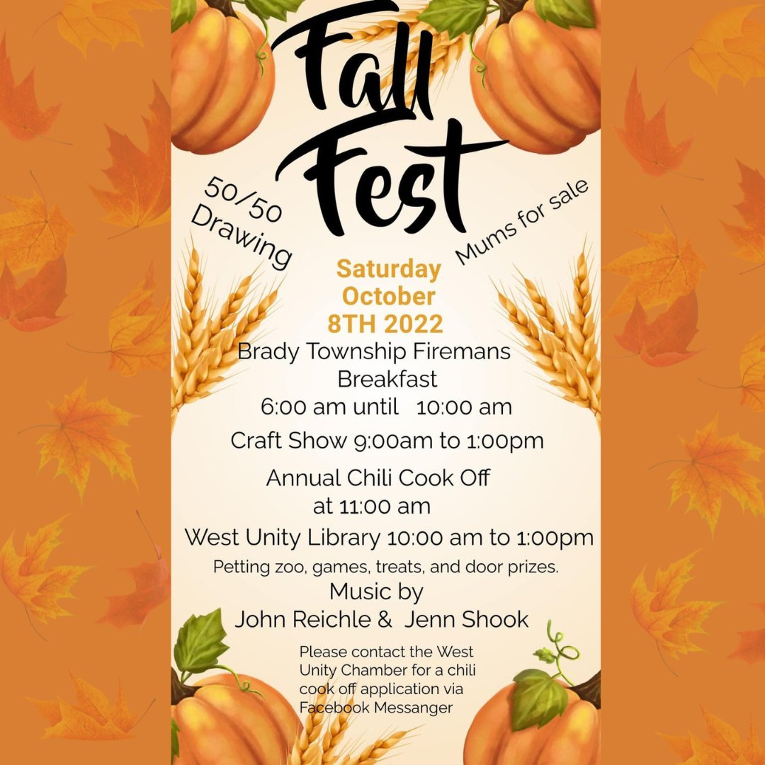 WEDCO's tweet photo. West Unity Chamber of Commerce is hosting their annual fall fest this Saturday, October 8. Check out the flyer below to see all the fall fun they have planned. #WestUnity #WilliamsCounty https://t.co/iIyJmz7Fp5