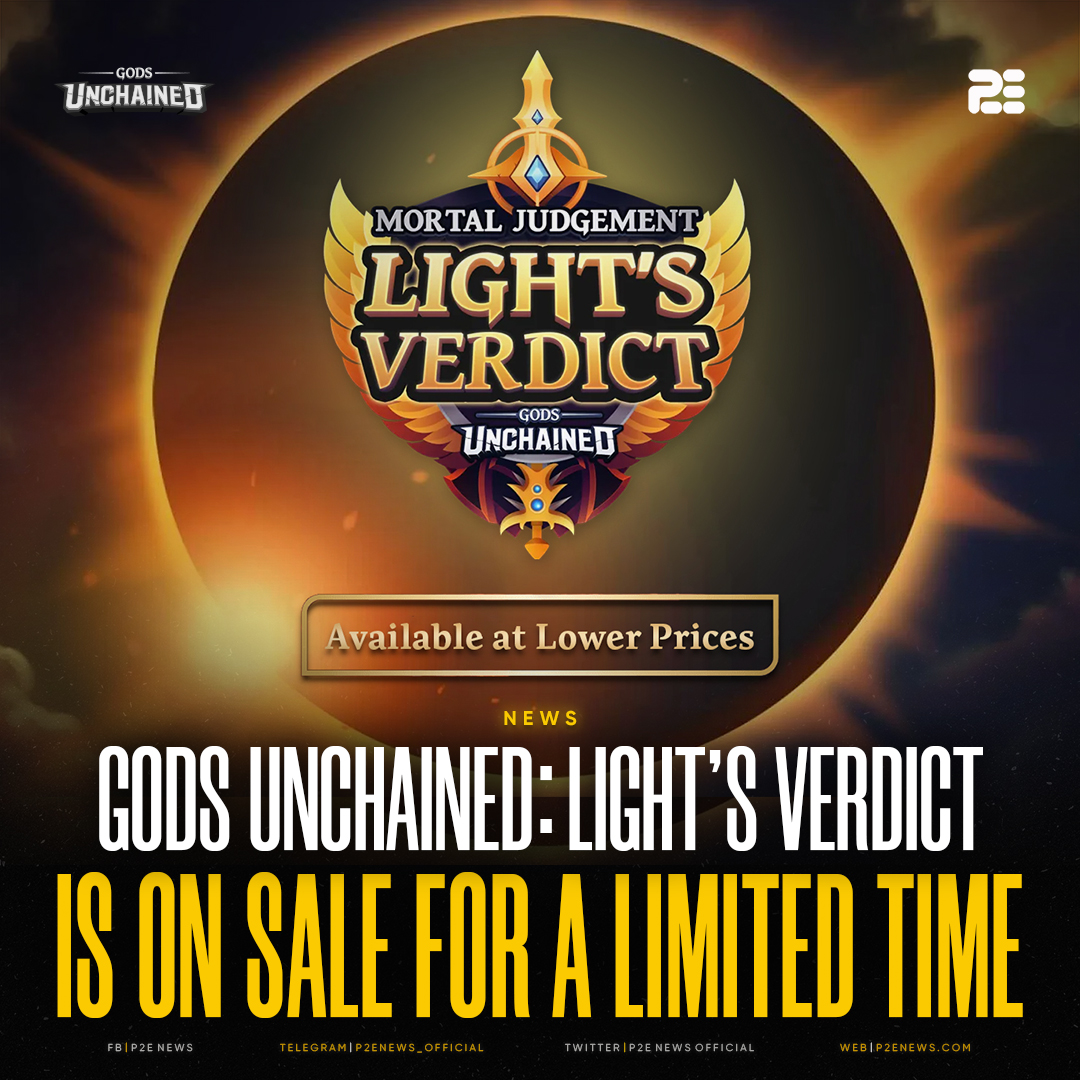 P2E News (@p2enewsofficial) on Twitter photo On October 4, 2022, <a href="/GodsUnchained/">Gods Unchained</a> began discounting Mortal Judgement: Light’s Verdict. The sale ends on October 12th, so make sure to get your hands on one of their special edition packs before they run out!
Full Details: p2enews.com/news/gods-unch…
$GODS #GodsUnchained On October 4, 2022, <a href="/GodsUnchained/">Gods Unchained</a> began discounting Mortal Judgement: Light’s Verdict. The sale ends on October 12th, so make sure to get your hands on one of their special edition packs before they run out!
Full Details: p2enews.com/news/gods-unch…
$GODS #GodsUnchained