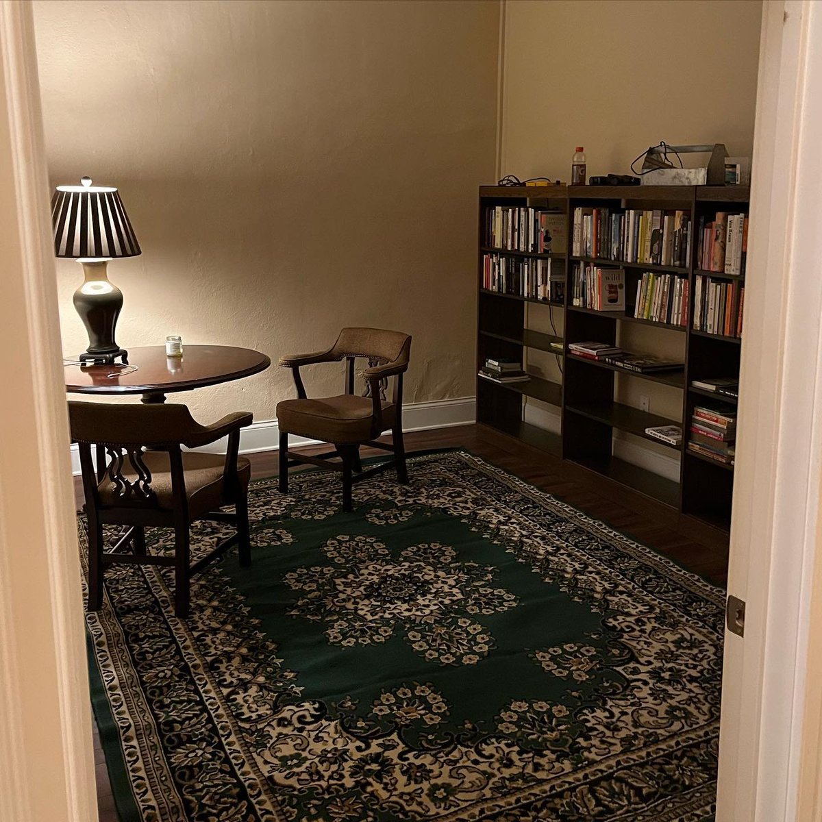 Here's a work-in-progress photo of our non-fiction room.  Picked up the rug at a thrift store earlier this week!  More shelving and lighting to come.
