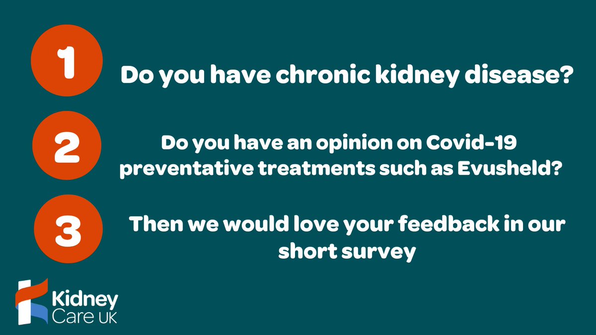 kidneycareuk's tweet photo. LAST CHANCE! Help us tell @NICEComms what kidney patients think of #Evusheld, the #Covid19 #PreventativeTreatment. Please contribute to our #survey & help us ensure the views of #KidneyPatients are fairly represented.
📝Survey link: https://t.co/psH7vDOuPa
#CKD @evusheld4theuk https://t.co/HKibNUnJiW