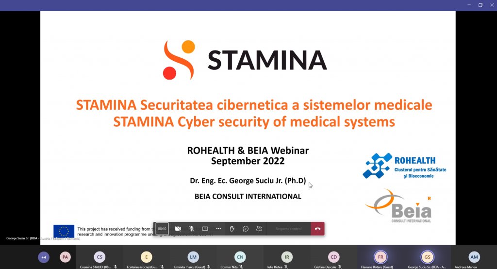 beiaconsult's tweet photo. BEIA presented on 15th of September 2022 in #ROHEALTH the @stamina_project โ Cybersecurity of medical systems.
๐Find out more about the project here: https://t.co/0Yi1Af1JJw
#healthcare #hospitals #health #pandemic #smartsupportplatform https://t.co/S6Z0RPepKs