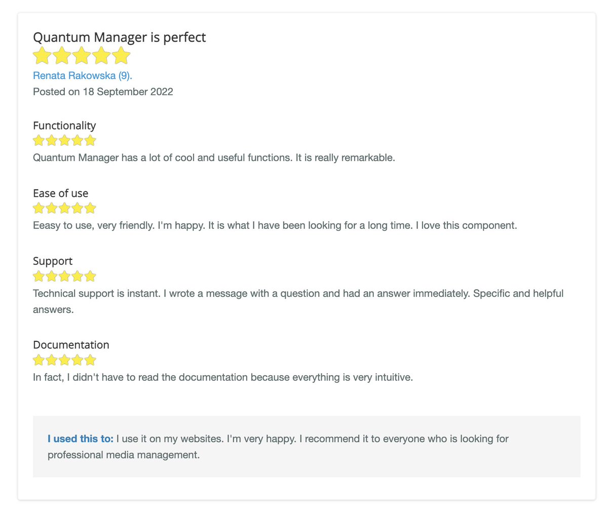 norrnext's tweet photo. A new review on Quantum Manager is available at the JED. Thank you, Renata! 

⭐️⭐️⭐️⭐️⭐️"Easy to use, very friendly. I'm happy. It is what I have been looking for a long time. I love this component."

https://t.co/yaciLNeKsp 

#Joomla #Joomla4 #QuantumManager https://t.co/6EzyVaYyuc