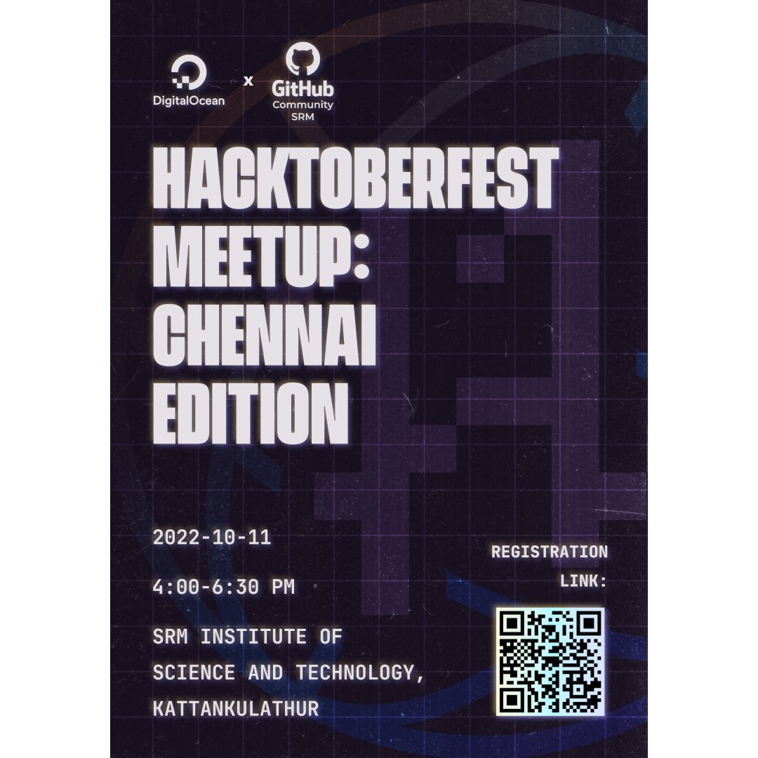 GithubSrm's tweet photo. நம்ம Chennaiii!🙏

Hacktoberfest'22 is back with a bang! We are coming to your city Chennai for a meetup organised by @digitalocean in association with @githubsrm.🤝

🗓️ 11th October'2022
⏰ 4PM onwards
📍Mini Hall 2, TP Ganesan Auditorium, SRM IST

Registrations are now open.✨ https://t.co/ylUEh2SEuE