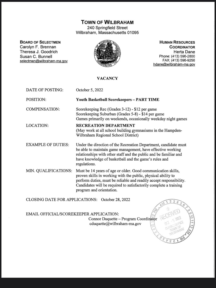 We are hiring again!!! Winter is coming and we need referees and scorekeepers to help us to put on another amazing season!! 

Applications can be found at wilbraham-ma.gov/jobs.aspx