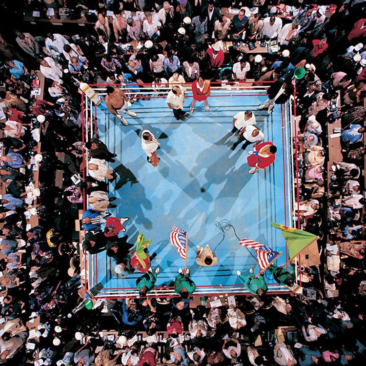 Aerial view of Muhammad Ali and George Foreman in the ring during the national anthems before their fight at Stade du 20 Mai. Kinshasa, Zaire. Oct. 30, 1974. 📸: @LeiferNeil #MuhammadAli #GeorgeForeman #RumbleintheJungle #GOAT