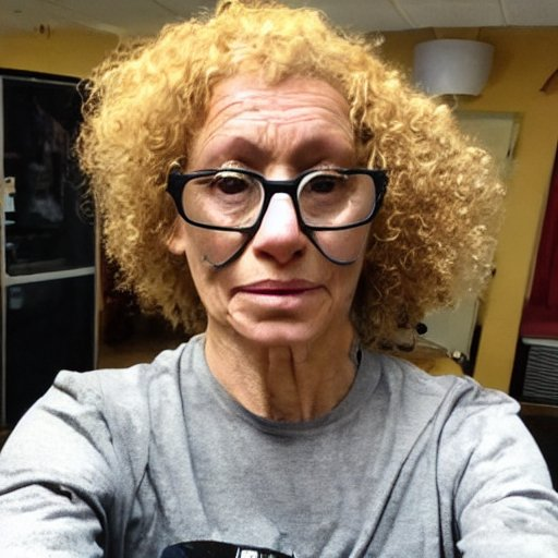 Timeforjackie's tweet photo. Prompts: photo, selfie, gym, middle aged, trans woman, glasses, curly brown hair, emaciated, wrinkled, childish clothes #StableDiffusion #aiartcommunity https://t.co/LgQa9CKTzE
