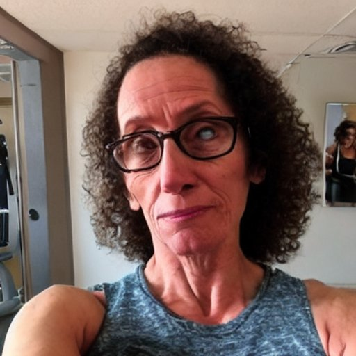 Timeforjackie's tweet photo. Prompts: photo, selfie, gym, middle aged, trans woman, glasses, curly brown hair, emaciated, wrinkled, childish clothes #StableDiffusion #aiartcommunity https://t.co/LgQa9CKTzE