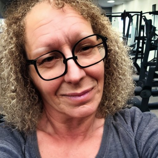 Timeforjackie's tweet photo. Prompts: photo, selfie, gym, middle aged, trans woman, glasses, curly brown hair, emaciated, wrinkled, childish clothes #StableDiffusion #aiartcommunity https://t.co/LgQa9CKTzE