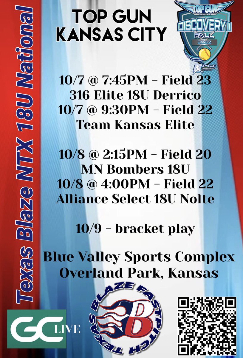 Kansas here we come! Follow us live on Game Changer this weekend as we compete in the Top Gun Fall Discovery II event in Kansas City! #bBlaze #BlazeOn <a href="/BlazeFastpitch/">Texas Blaze</a>