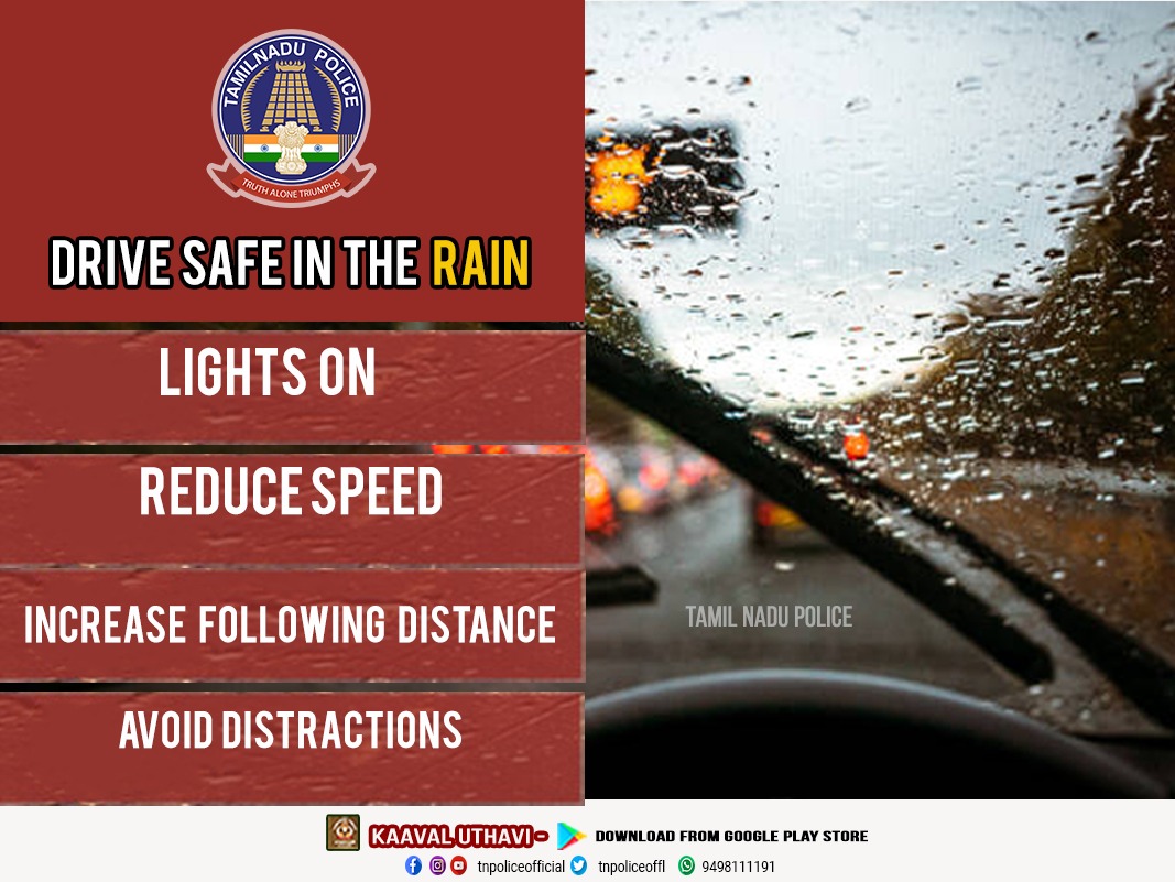 tnpoliceoffl's tweet photo. Drive Safe in the Rain 

https://t.co/GBXd2smqyP

#Rainydays #Rainydrive #Safedriving #Windshield #DGPSylendrababuIPS #TamilNaduPolice
#TNPolice https://t.co/74R75jkD9A