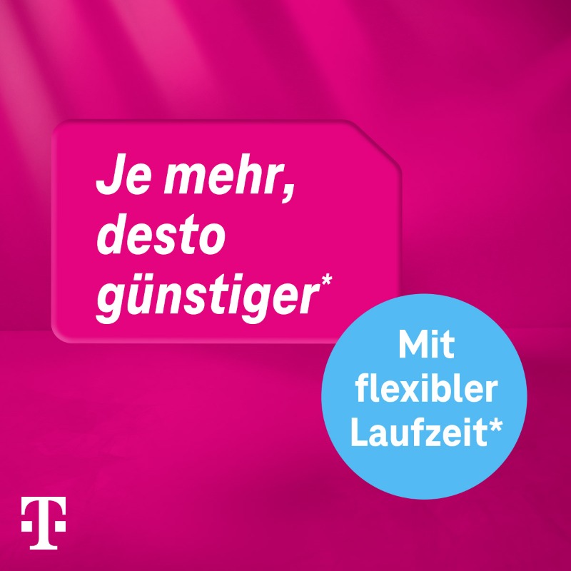 telekomshop's tweet photo. Je mehr, desto günstiger.*  #MagentaMobil Angebote - Ein Vertrag, mehrere Karten, mit flexibler Laufzeit.* Die 2. Karte gibt es für 19,95 €* und jede weitere für 9,95 €!* 😎🎉 Nur bei der #Telekom #JeMehrIhrSeid