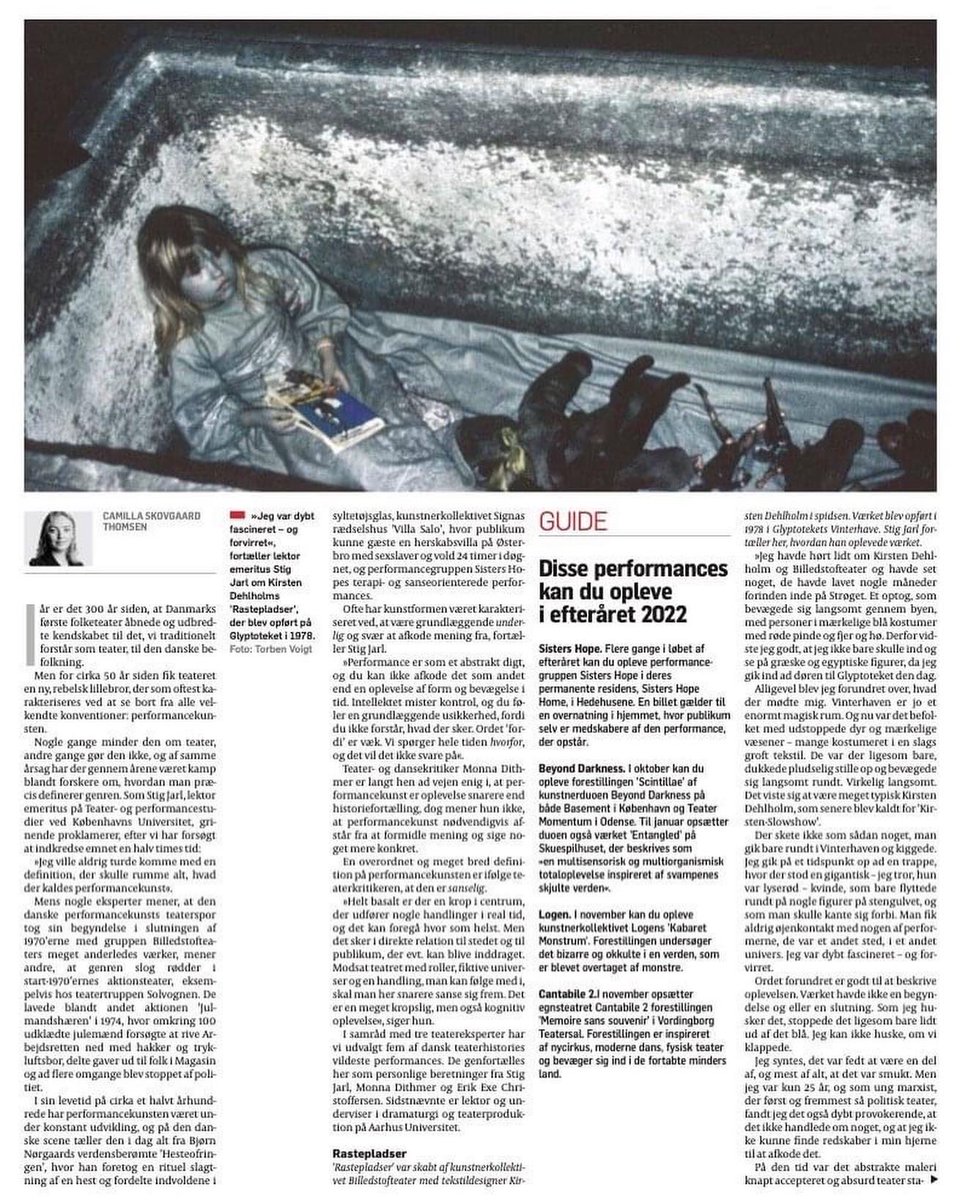 GryWHallberg's tweet photo. TEATERHISTORIENS VILDESTE PERFORMANCES
@politiken har udvalgt fem af dansk teaterhistories vildeste performances i anledning af dansk teaters 300-års fødselsdag - og den ene er Sisters Hope - Sensuous City - Placeret blandt den danske performancekunst-histories største. https://t.co/hPPmHoVAlj